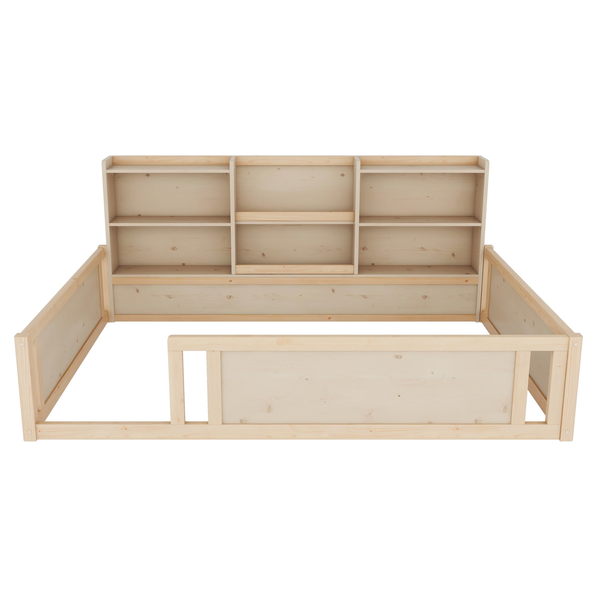 Mintazer Full Size Montessori Floor Bed with Bookcase Headboard & Guardrails, Kids Platform Bed Frame with 6 Cubby Storage Shelves for Bedroom, Natural