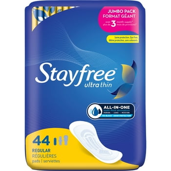 Stayfree Ultra Thin Regular Pads Without Wings, 44 Ct, Multi-Fluid Protection For Up To 8 Hours, With Odor Neutralizer