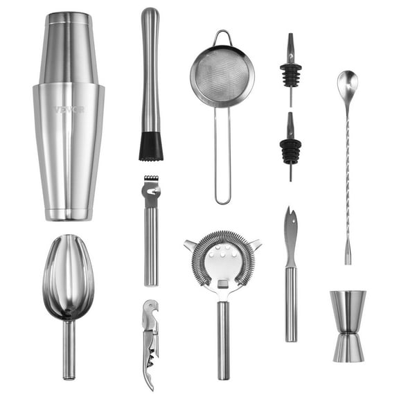 Complete 13-Piece Bar Tool Set - Stainless Steel Cocktail Shaker Kit, Silver