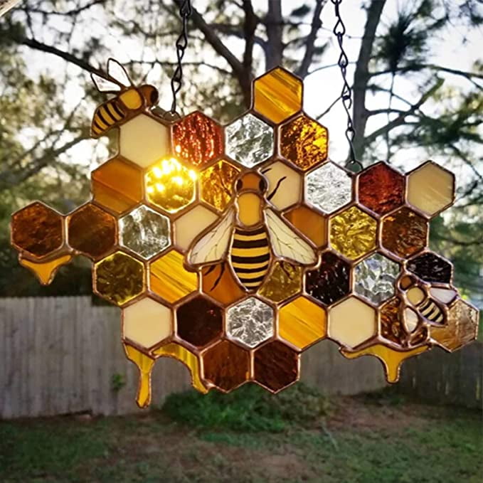 Queen Bee Honey Suncatcher, Honeycomb Hanging Decor, Honeybee Window