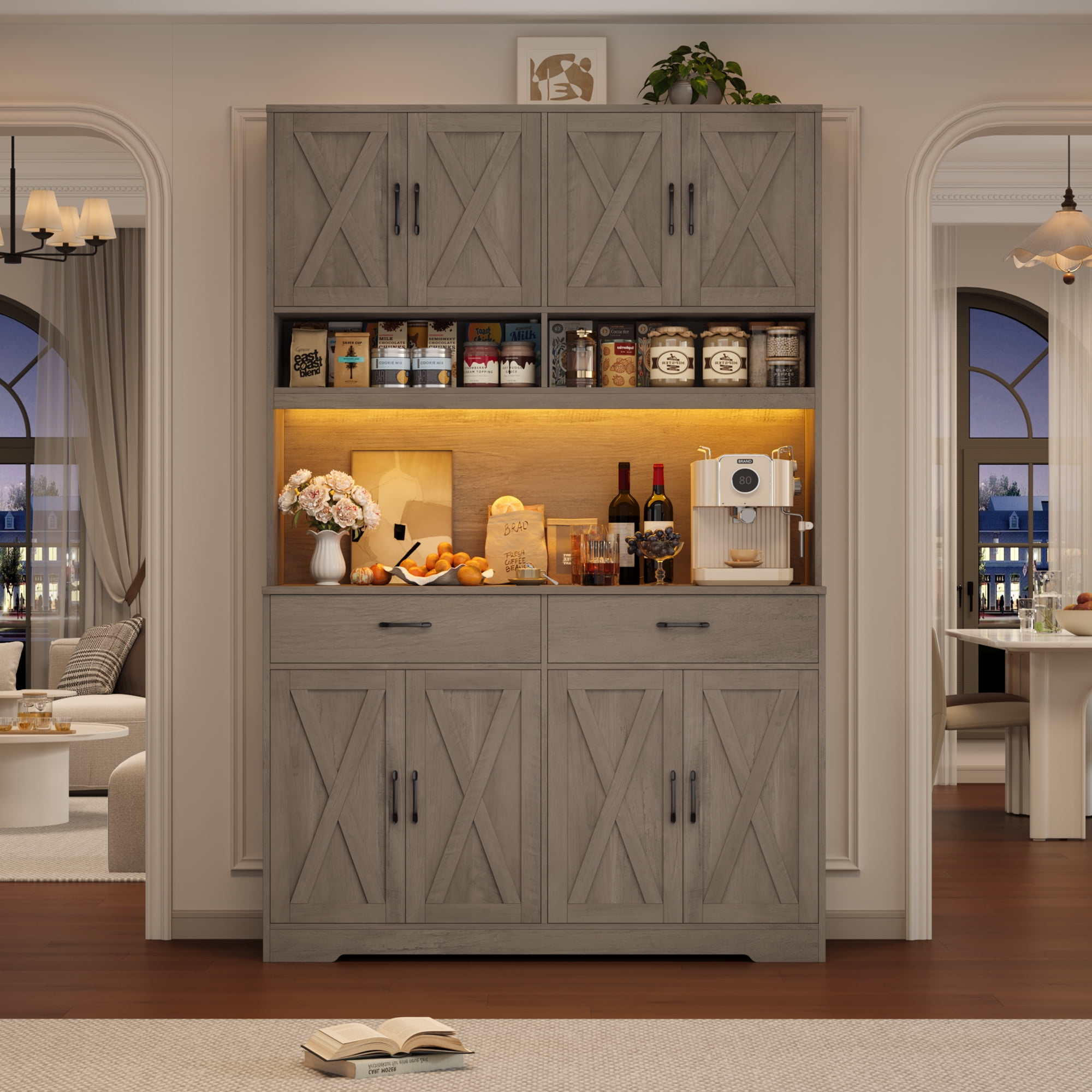 Hiphuta Farmhouse Kitchen Pantry Storage Cabinet, 75”H Freestanding Hutch with 8 Doors and 2 Drawers for Dining and Living Room, Ash Gray