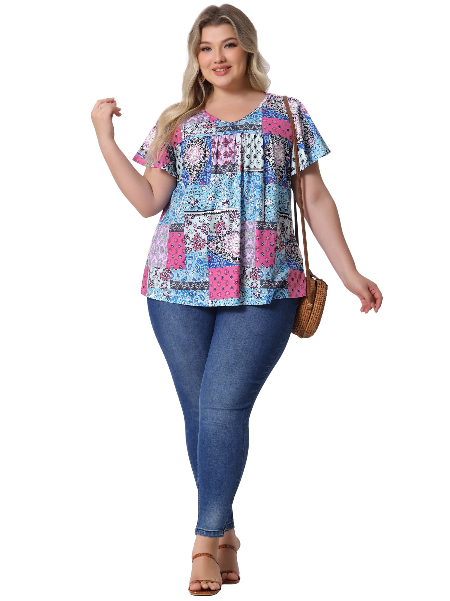 DARING DIVA Women's Plus Ruffle Boho Floral T Shirt 3X Blue Pink Block