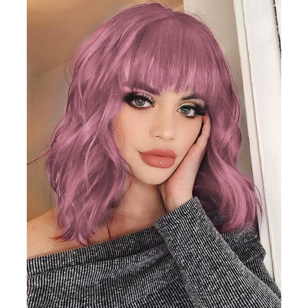 Short Bob Curly Wig With Bangs Shoulder Length Pink Synthetic Wavy Wigs For Women Natural Looking Girl S Colorful Costume Hair Heat Resistant Fiber Wig Walmart Com