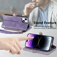 thumbnail image 5 of SaniMore for iPhone 14 (6.1" 2022) Case, PU Leather Embossed Lines with Wrist Strap Zipper Cash Pocket Card Slots Magnetic Flip Stand Full Protective TPU Shell Anti-drop Business Design, Purple, 5 of 10