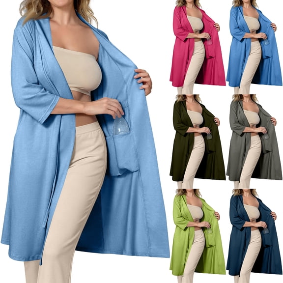 longantii Post Surgery Mastectomy Robes for Women with 4 Internal Drain Pockets 3/4 Sleeves Night Gowns Pajama Dress Shirts Sky Blue XXL