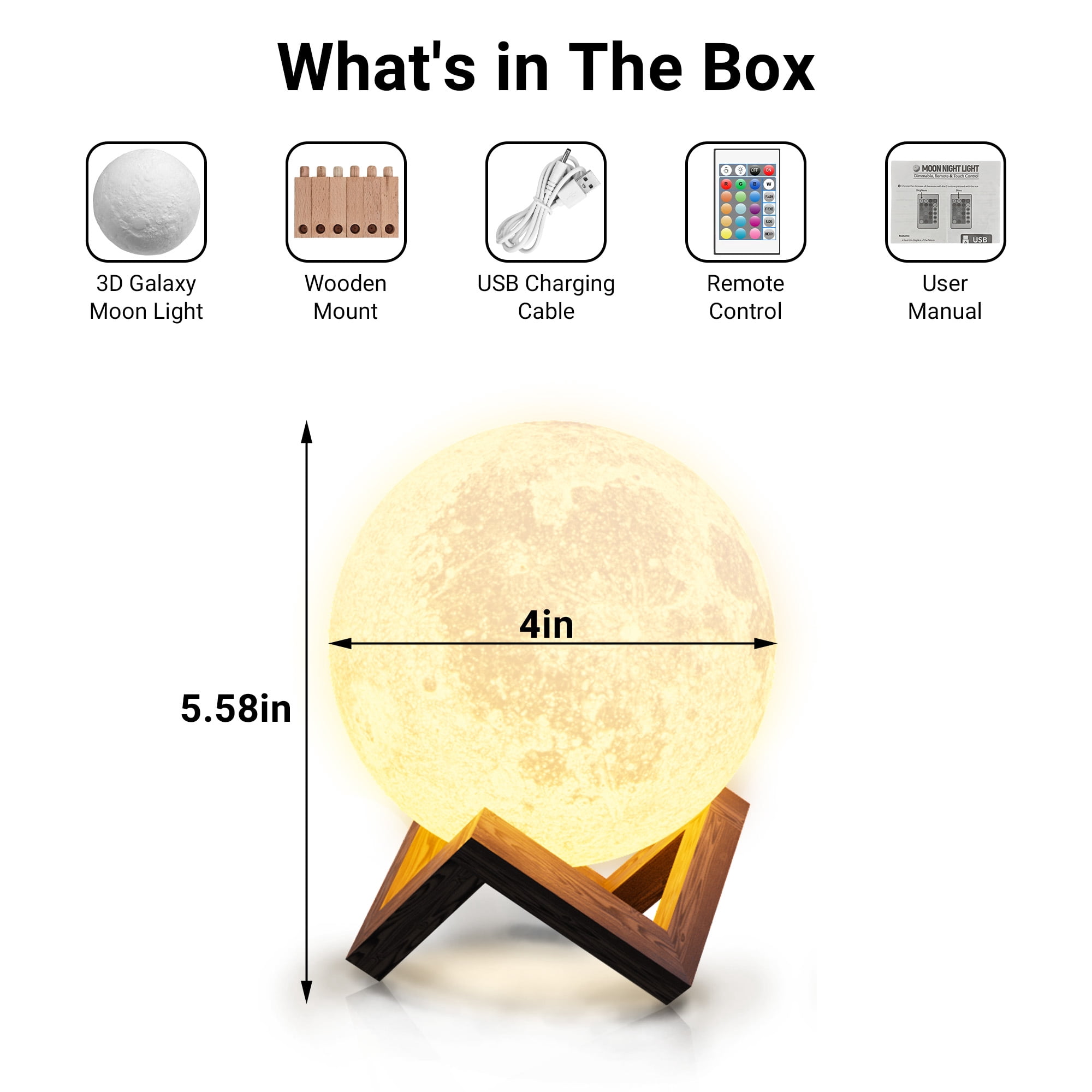 DAYBETTER Moonlight Night Light for Kids Adults, 4Inch/3D Printing Moon Lamp Night Lamp for Bedroom Decor, 16 Color Moon Decor for Kids Bedroom Decor