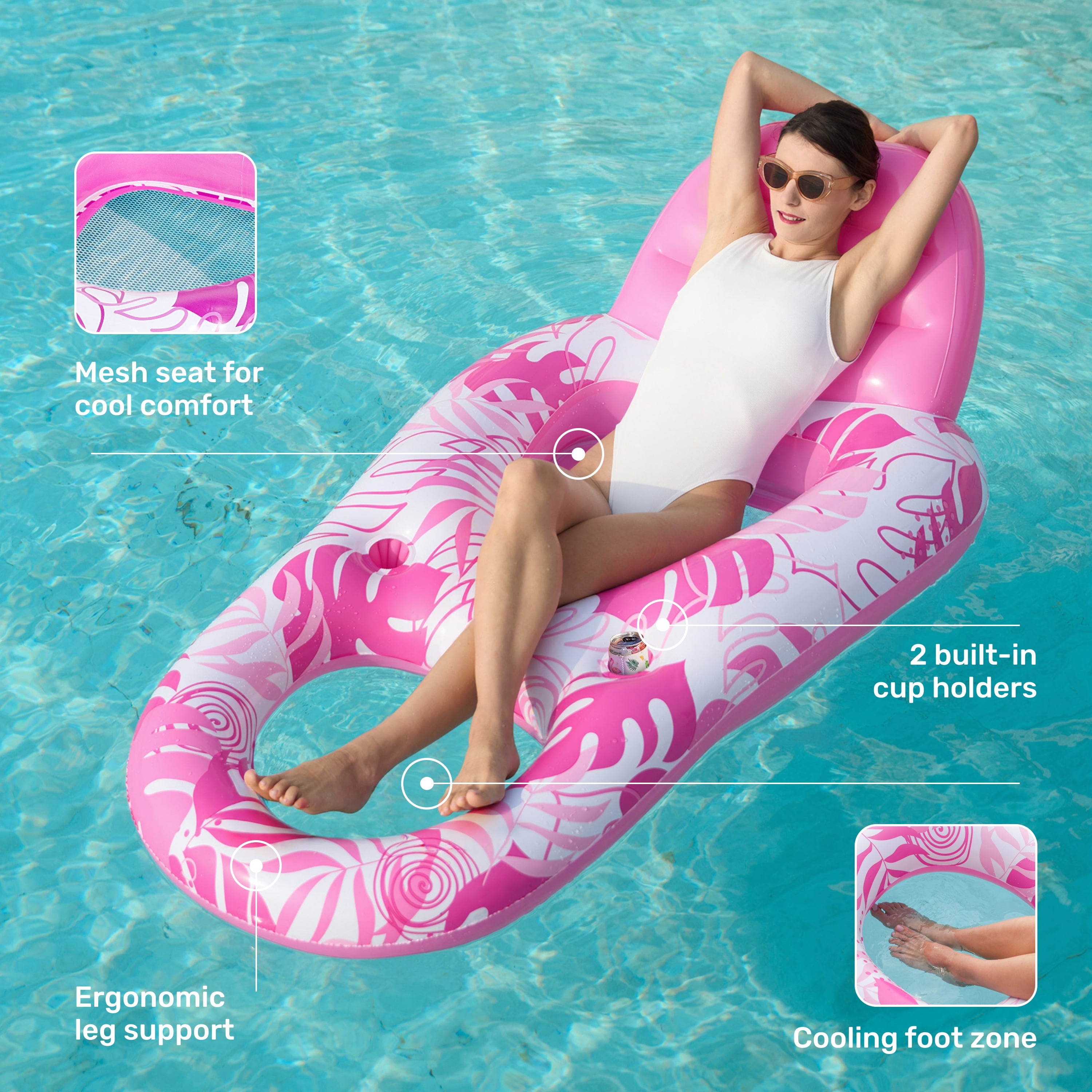 Joyfy Pool Lounge Float for Adult, Inflatable Pool Floats Lounger Raft Floaties with Cup Holders Foot Rest Swimming Floaty