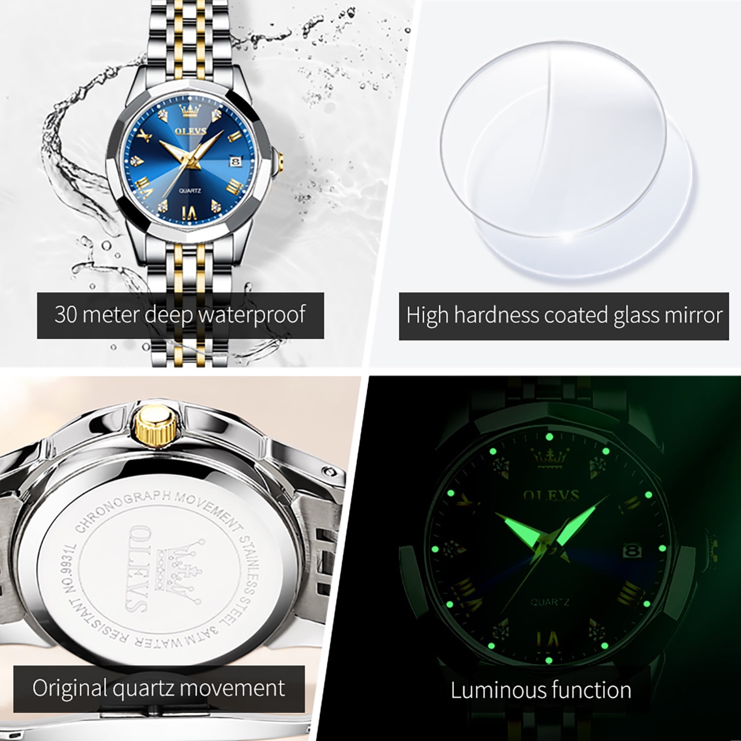 OLEVS Womens Watch Fashion Dress Female Watches for Women Analog Quartz Stainless Steel Waterproof Luminous Two Tone Ladies Wristwatch Reloj para Mujer