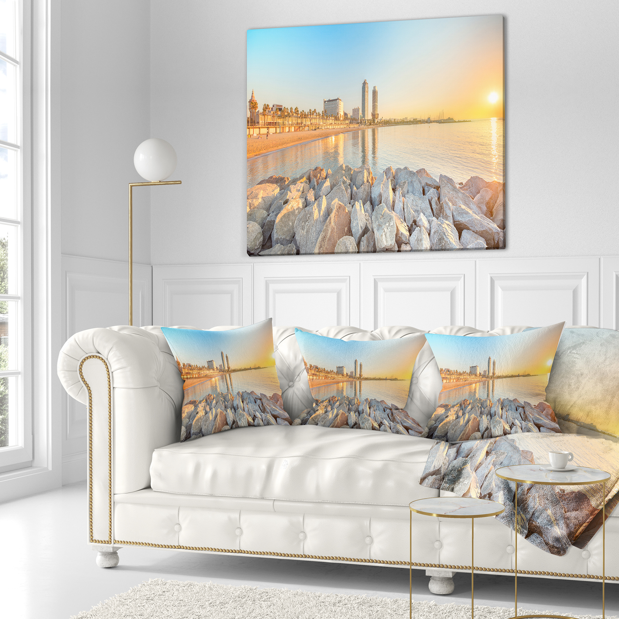 Designart Barceloneta Beach in Barcelona - Seashore Photo Throw Pillow - 18x18