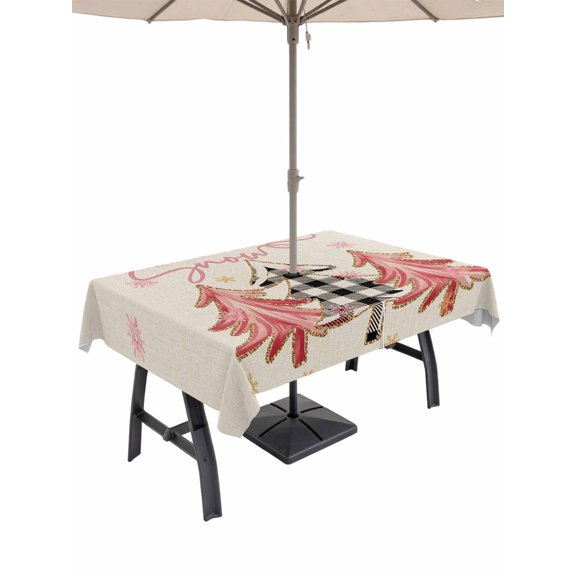 Outdoor Tablecloth with Umbrella Hole and Zipper, Christmas Tree Rectangle Table Cloth 54x80 Inch Waterproof Tablecloth, Winter Xmas Yellow Pink Snowflake on Linen Picnic Table Cover for Patio