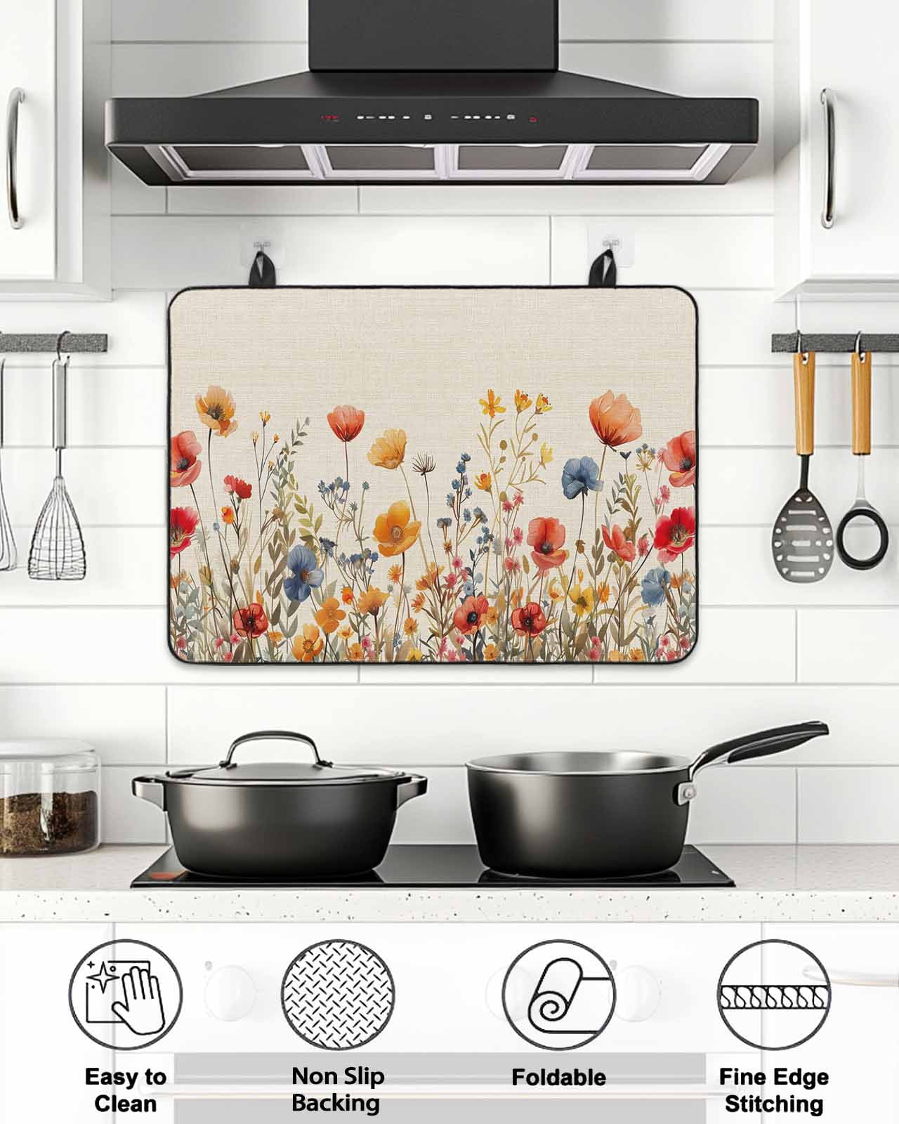 Stove Top Covers for Electric Stove,Yellow Red Blue Spring Floral Glass Stovetop Cover Protector,Watercolor Botanical Summer Flowers Cooktop Protector Oven Mat for Kitchen Countertop 28.5"x20.5"