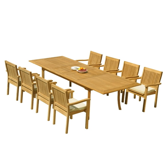 Grade-A Teak Dining Set: 8 Seater 9 Pc: 118" Rectangle Table And 8 Leveb Stacking Arm Chairs Outdoor Patio WholesaleTeak #51LV2409