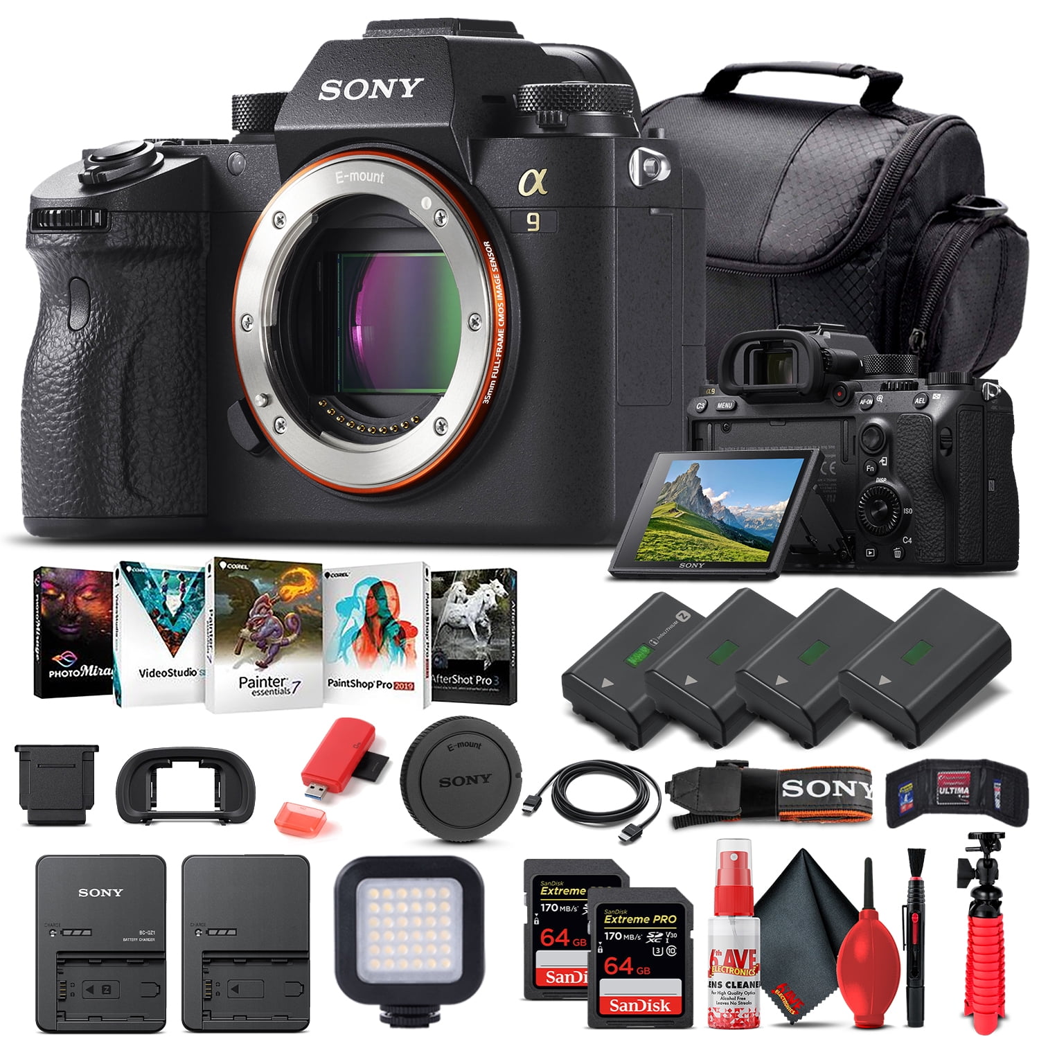 Sony Alpha a9 ILCE9/B Mirrorless Camera Body Only - Pro Bundle with 64GB Memory Cards 4K Video and Accessories(International Model)