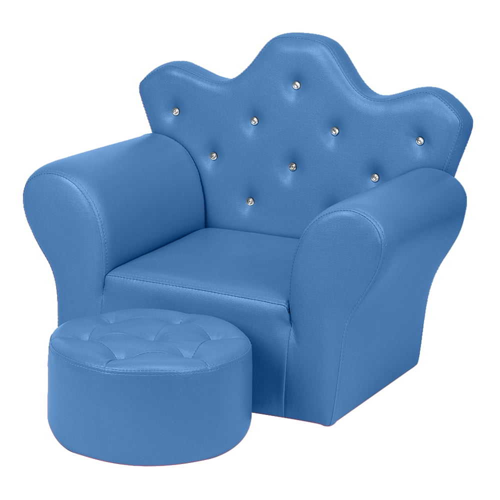 PVC Leather Princess Sofa with Embedded Crystal Upholstered Children Armchair with Ottoman Blue Multifunctional Princess Sofa for Toddlers Girls Kids Sofa