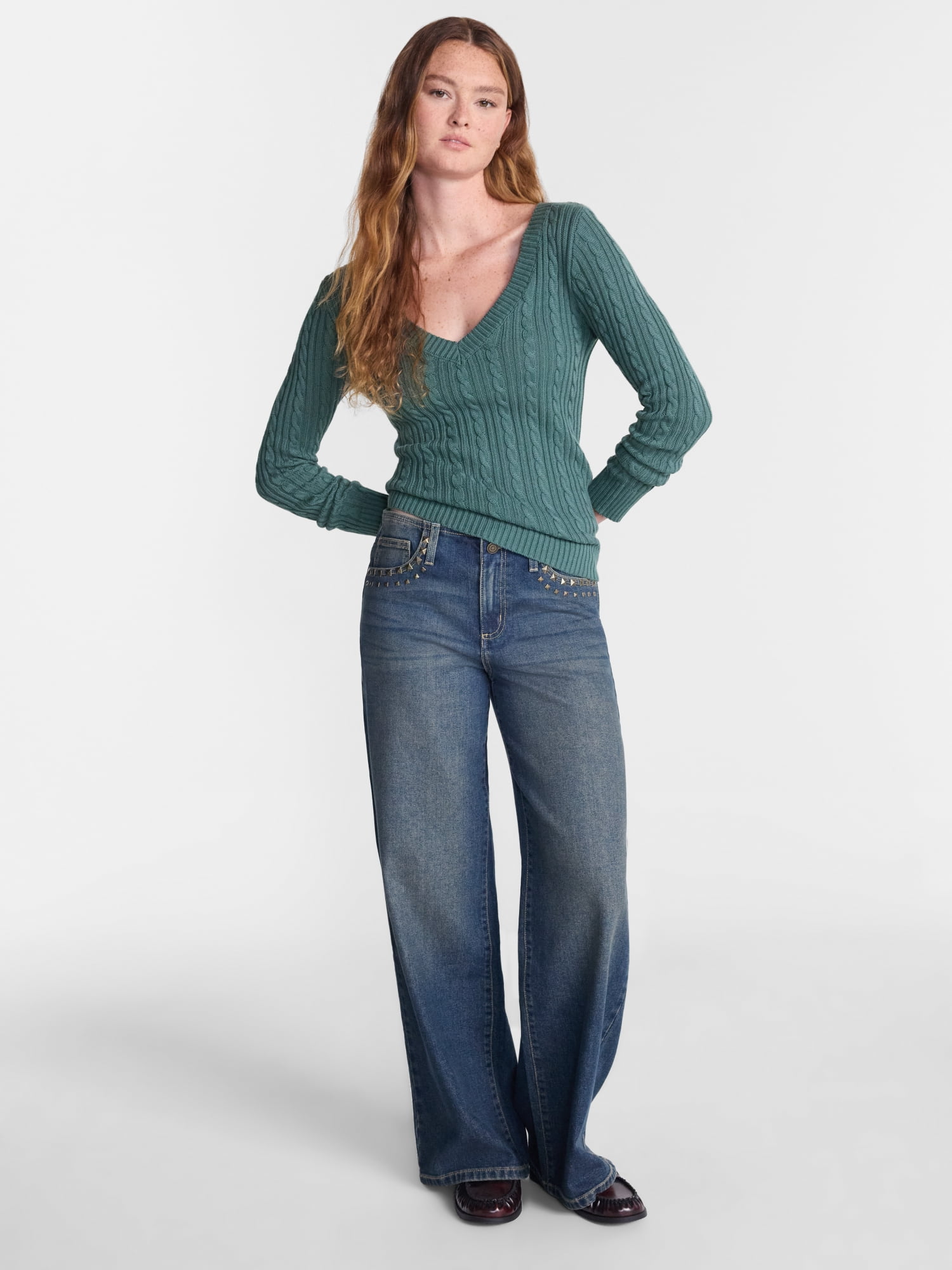 No Boundaries V Neck Cable Sweater, Women's and Women's Plus XXS-4X