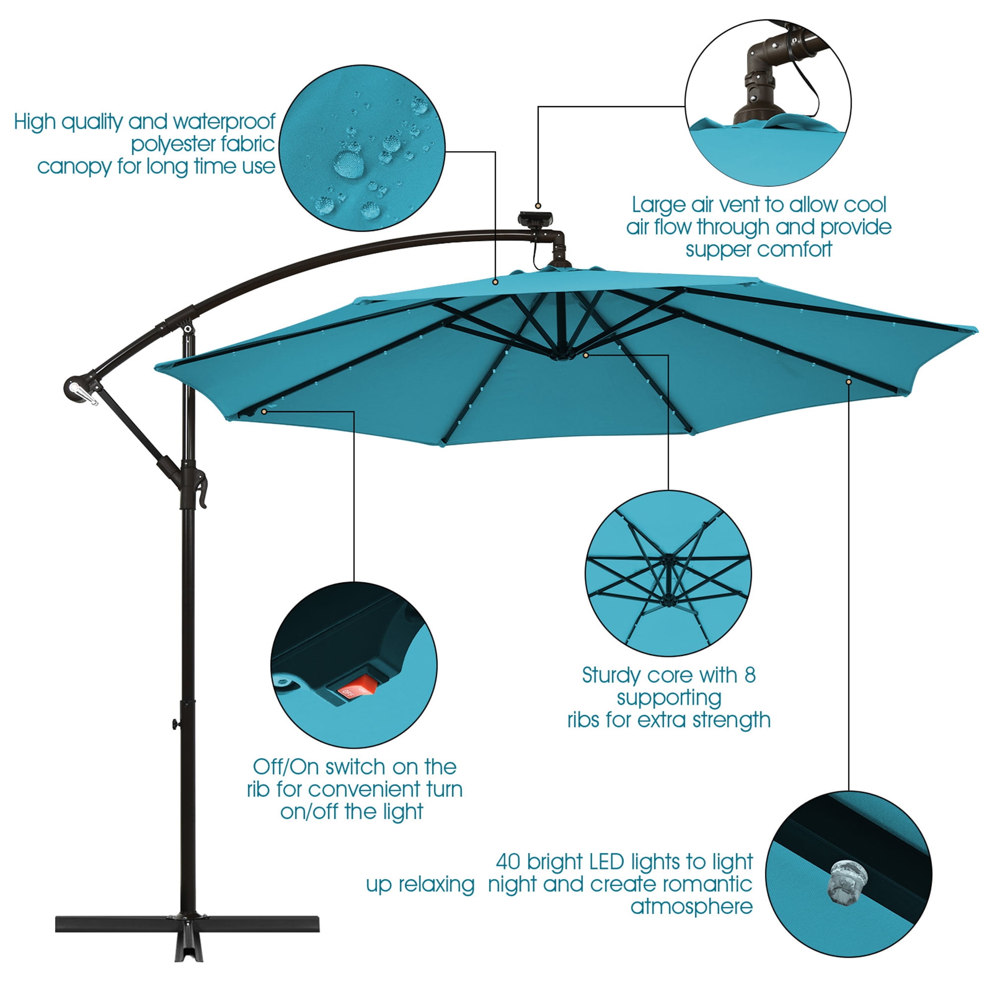 Gymax 10ft Solar Patio Umbrella Outdoor Offset Hanging Umbrella w/ 40 LED Lights Turquoise