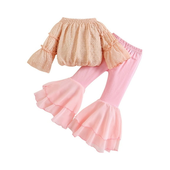 Mercatoo Toddler Girls' Autumn Clothes Set A Word Collar Flared Sleeve Top Flared Pants Suit 2Pcs Girls Casual Outfit