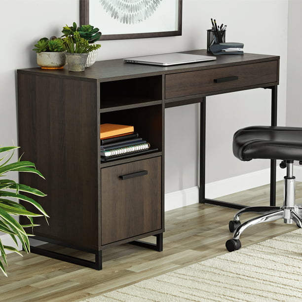 Mainstays Wood Metal Writing Desk, Dark Wood Office Desk With Drawers