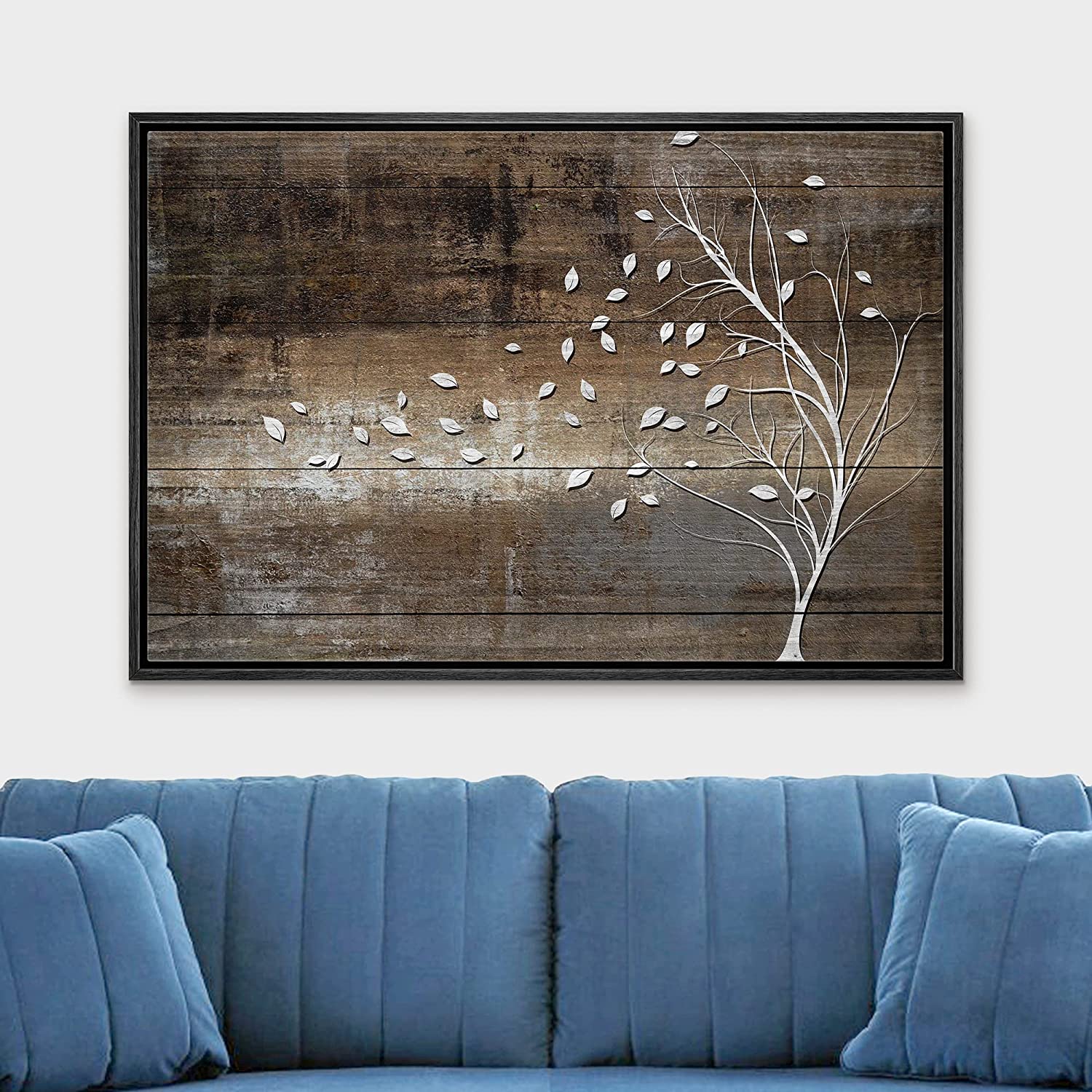 Asdg12sCanvas Print Wall Art White Tree Silhouette with Blowing Leaves ...