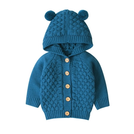 

Sunisery Newborn Baby Girls Boys Knit Cardigan Ear Hooded Sweater Infant Button-Down Outwear Blue 9-12 Months