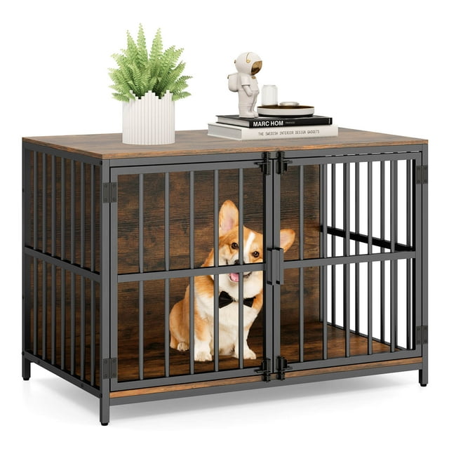 Costway Meuble Cage pour Chien Robuste de 40 Pouces avec 2 Portes Verrouillables pour Petites et Moyennes Races Brun