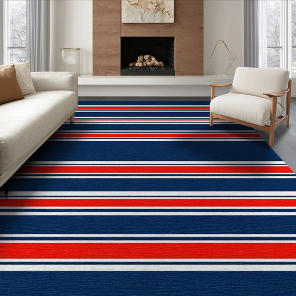 ODIKA 8'x10' Washable Area Rug Non-Shedding, Easy Care, Striped Horizontal Navy Balanced Nautical Motif Strip Mudroom for King Size Bedroom Under Bed, Master Suite