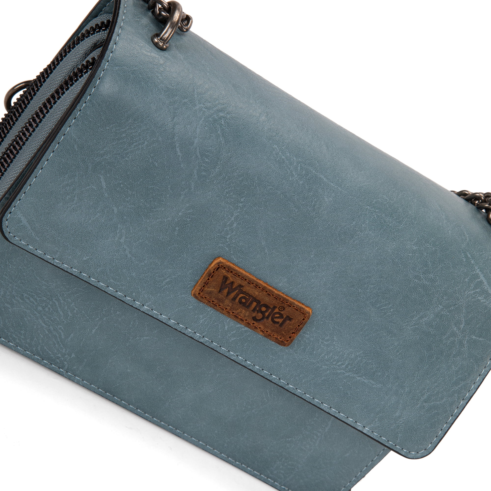 Wrangler Flap CrossBody Purse for Women Small Shoulder Bag with Chain Strap, Jean
