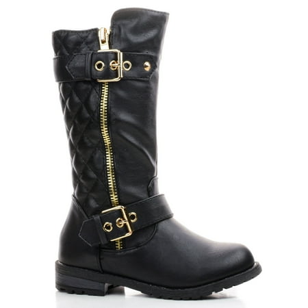 New Kids Girls Dual Buckle/Zipper Quilted Mid Calf Motorcycle Riding Boots (Black-May14K-9