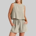 thumbnail image 1 of Birdeem Mode Femme Col Rond Blouse Sans Manches Ample Coton Lin Poches Pantalons Ensembles Chemises, 1 of 12