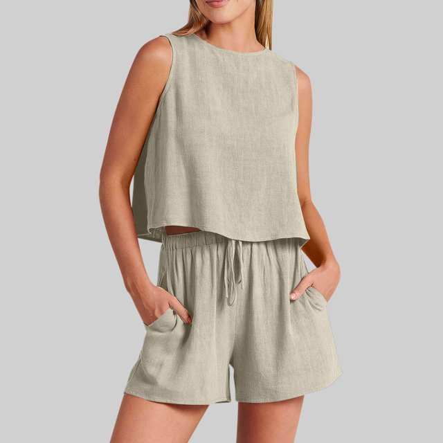 Birdeem Mode Femme Col Rond Blouse Sans Manches Ample Coton Lin Poches Pantalons Ensembles Chemises