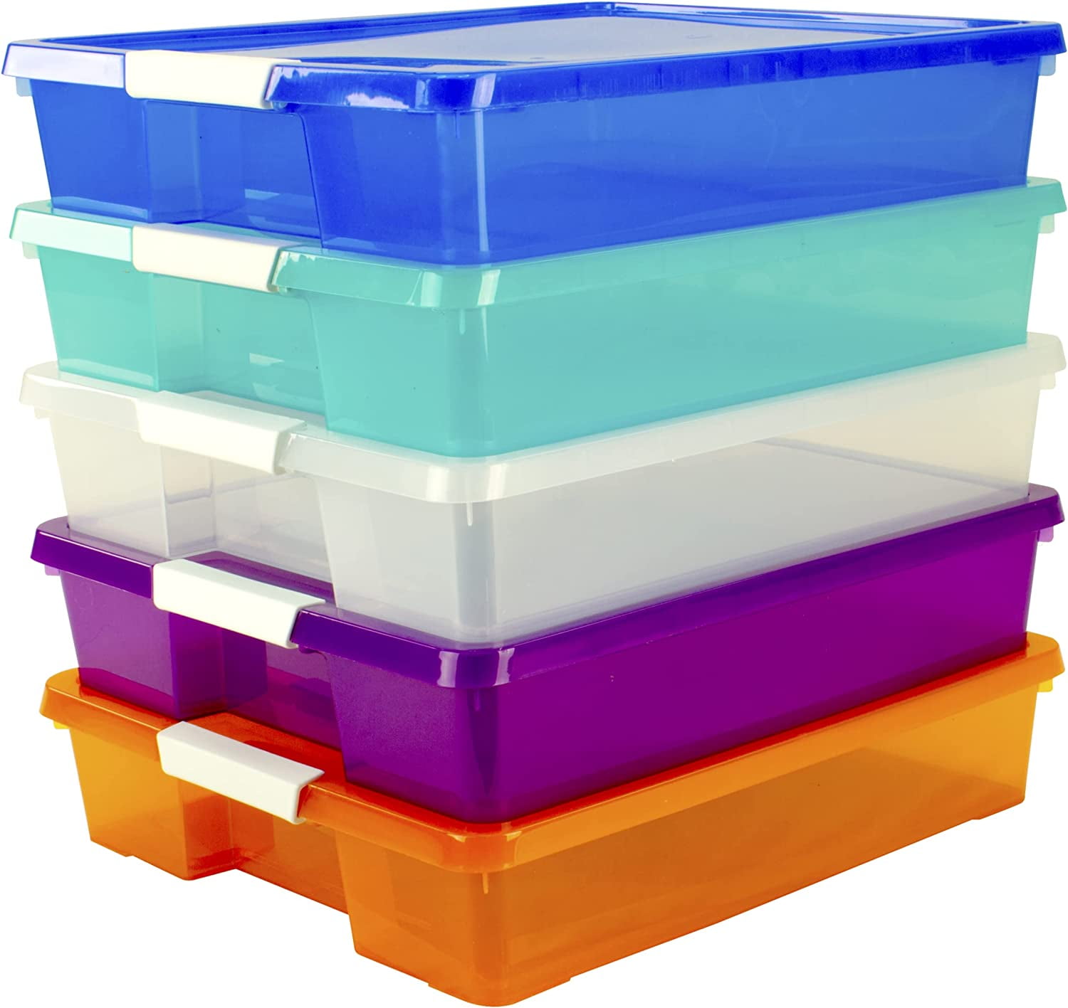 Classroom Craft Project Box – Stacking Plastic Organizer Fits 12x12 Scrapbooking Paper, Assorted STEAM Colors, 5-Pack