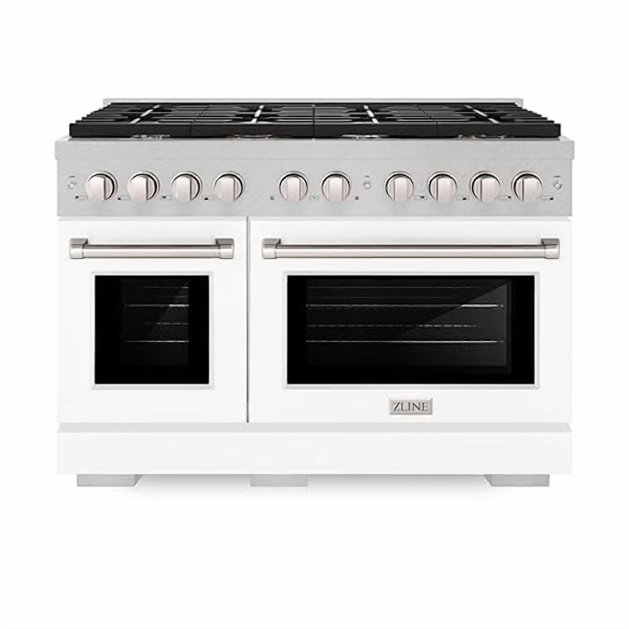 ZLINE 48 in. 6.7 cu. ft. Paramount Double Oven Gas Range with 8 Burner Cooktop in DuraSnow Stainless Steel with White Matte Doors (SGRS-WM-48)
