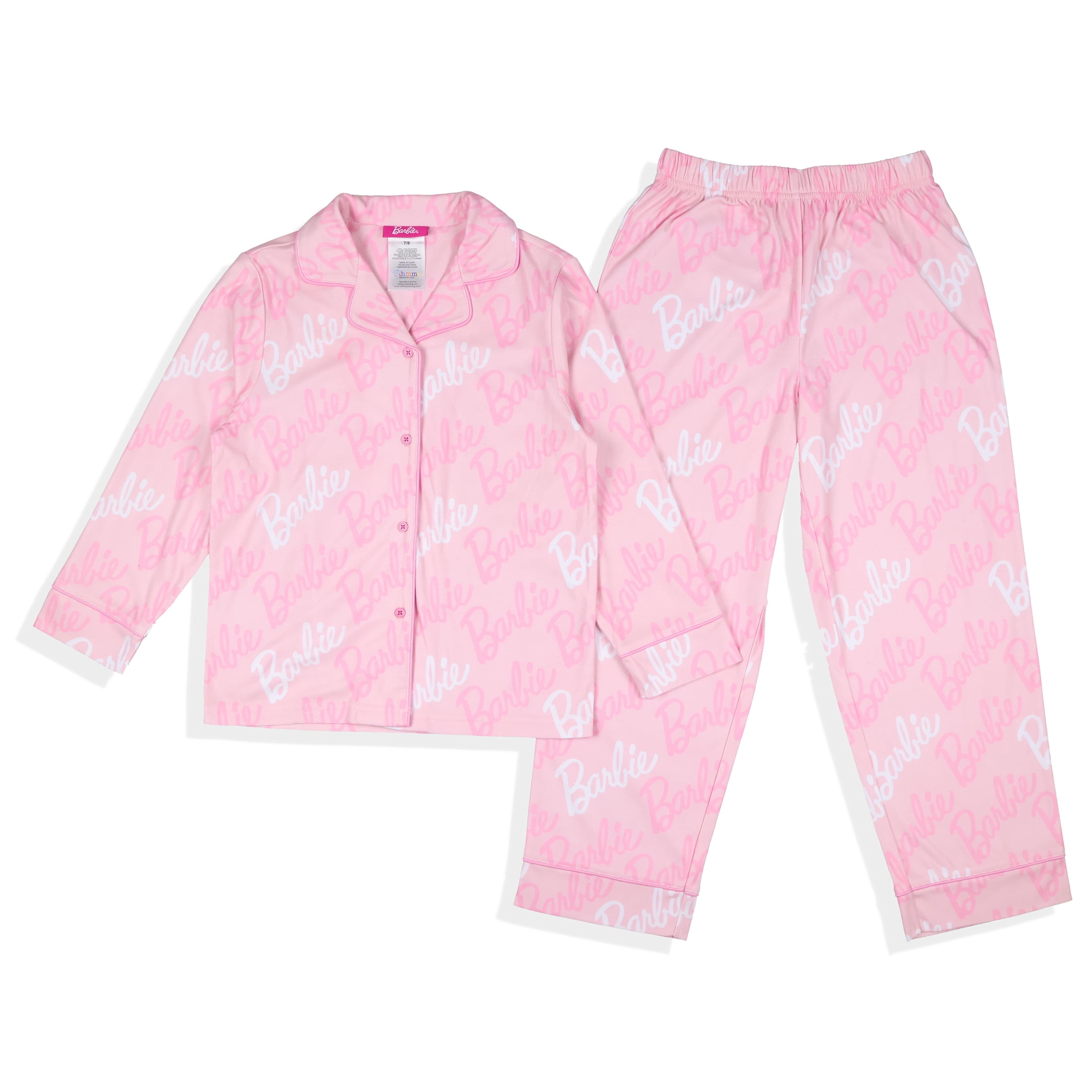Barbie Pajama Girls' Barbie Logo Button Front Long Sleeve Shirt and Pant 2 Piece Set Sleepwear