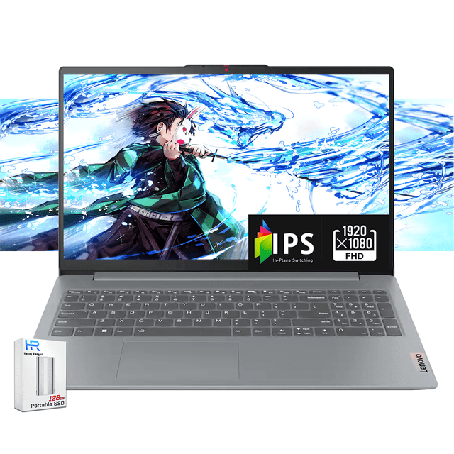 lenovo ideapad slim 3i laptop , pantalla fhd ips de 15.6" Vista frontal centrada de un Lenovo IdeaPad Slim 3i en Arctic Grey con pantalla FHD IPS de 15.6" mostrando un fondo ilustrado; perfil delgado con biseles estrechos en los 4 lados, teclado completo con teclado numérico, amplio touchpad Mylar, cámara web superior con obturador de privacidad visible, icono IPS y etiqueta 1920x1080 en la pantalla, chasis y bisagra finos sobre fondo blanco. También suele usarse como equipo portátil para trabajo, estudio y streaming en movimiento.