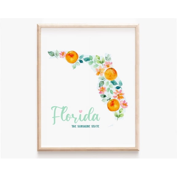 Kna Prints - 1 Pc Poster Florida State Map Watercolor Print, Sshine State Florida Kids Room Art, Modern Citrus Tropical Florida Wall Art, Fl Travel Gift, UNFRAMED-8x12
