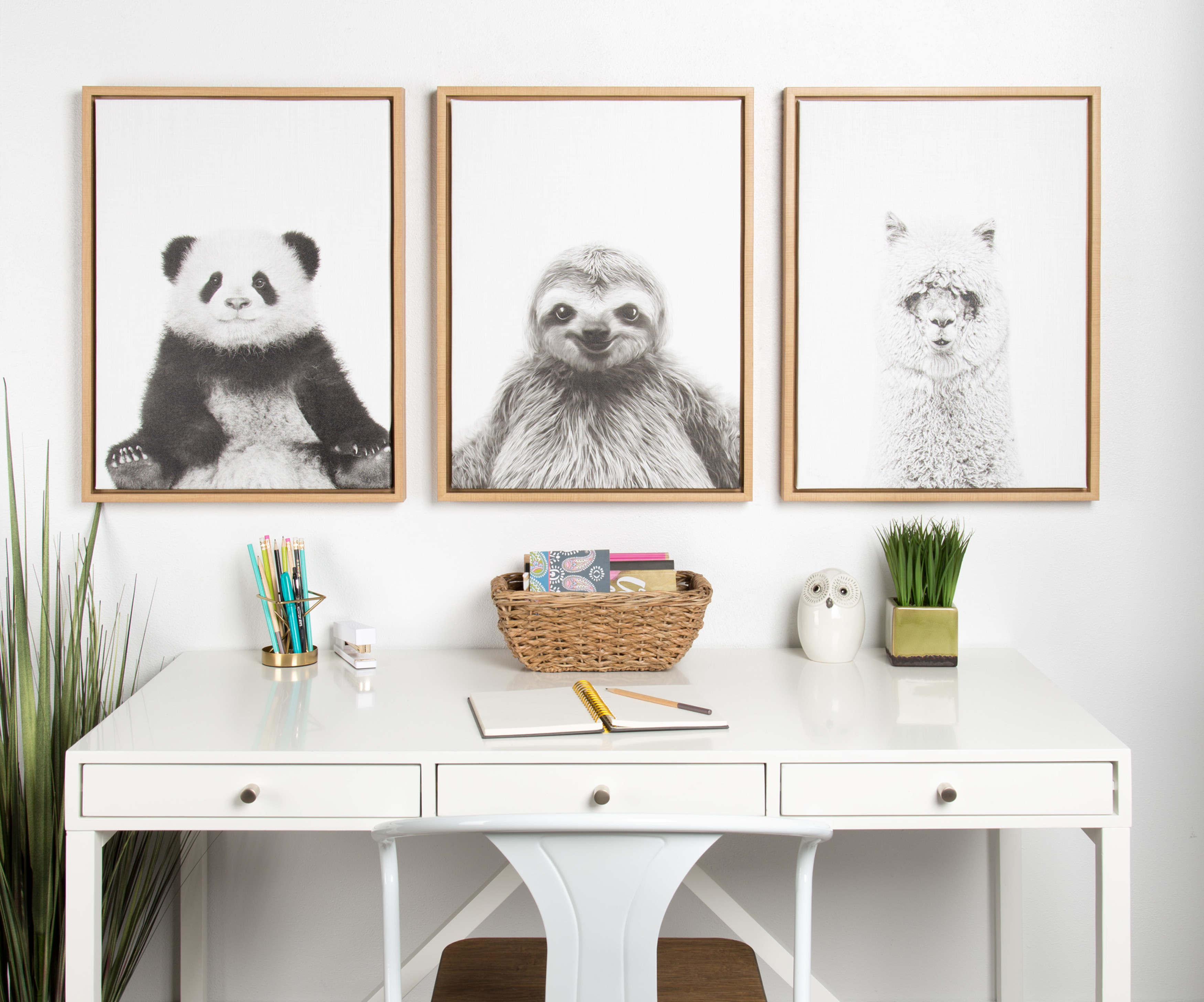Kate and Laurel Sylvie Sloth Black and White Portrait Framed Canvas Wall Art  by Simon Te Tai, 18x24 Natural