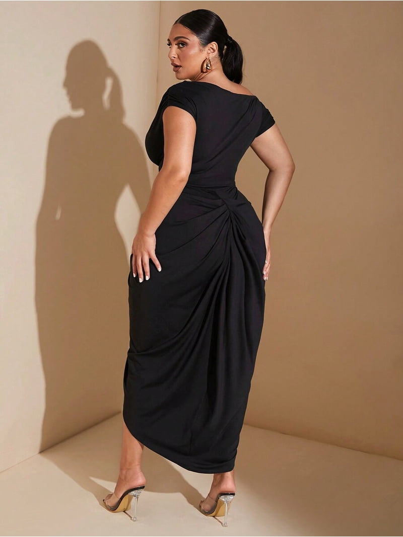 draped midi dress plus size Yours London Women's Plus Size Black Drape Front Midi Dress Size 18