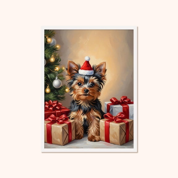 Yorkie Wall Art, Yorkshire Terrier Santa Hatposter, Unframed Poster Size 8x12