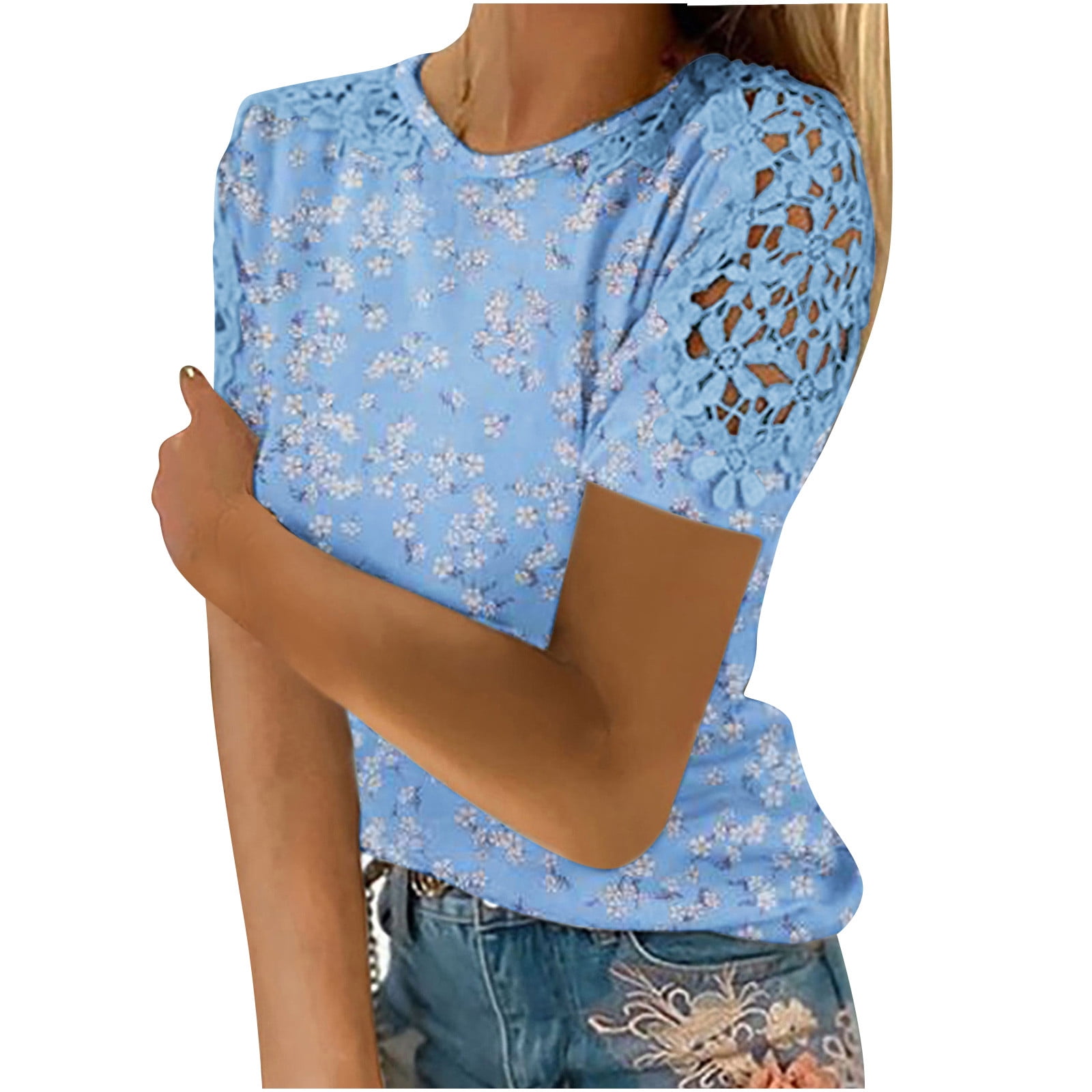 2023 Women's Tops Short Sleeve T Shirts Crewneck Lace Shirts Print ...