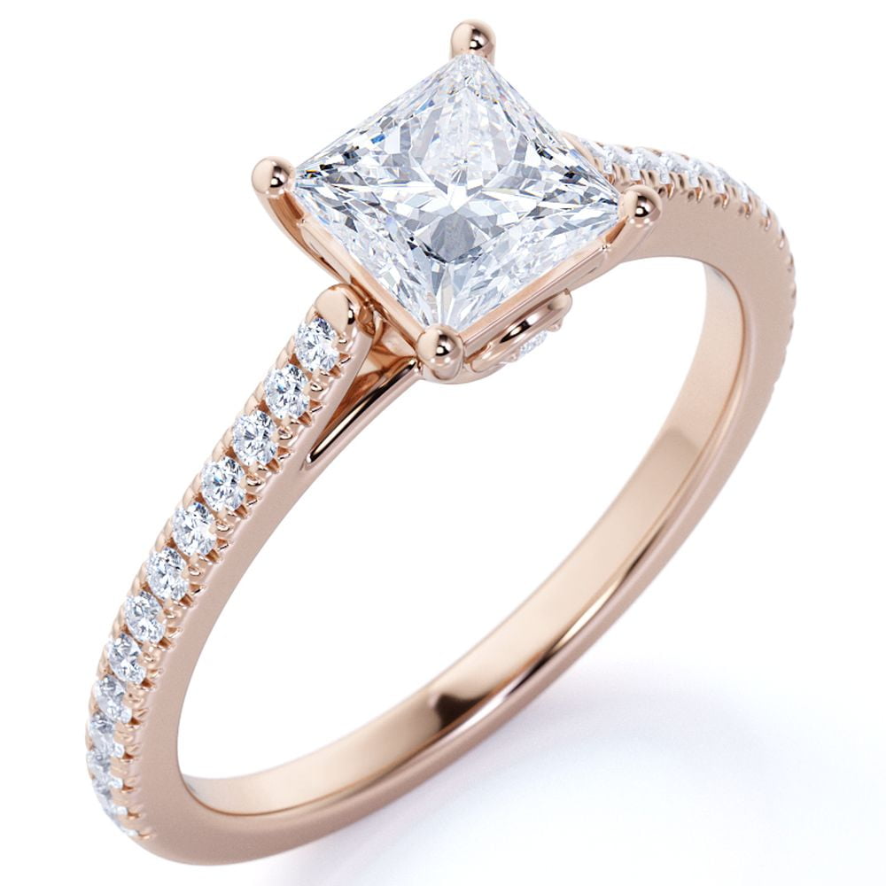 Simple Princess Cut Diamond Pave Band Flush Set Round Diamond