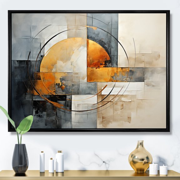 Designart "Gleaming Geometry Gold Grey painting VI" Abstract Collages Floater Framed Wall Art Living Room