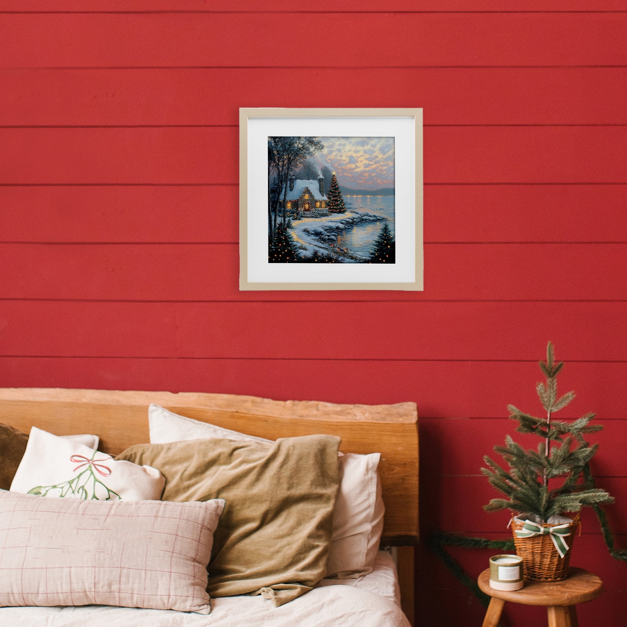 Stupell Industries Snowy Lit Cottage by Lake Birch Framed Print Under Glass, design by Heidi Kuntz