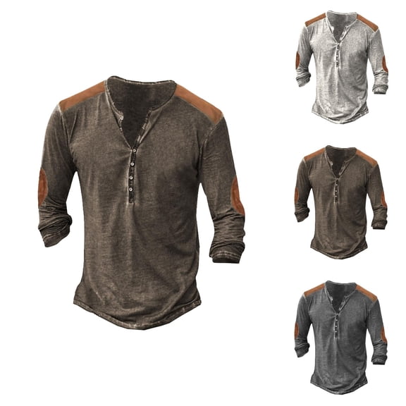 Henley Shirts for Men Front Placket Button Down Retro Casual Long Sleeve Washed T Shirts for Men Renaissance Top