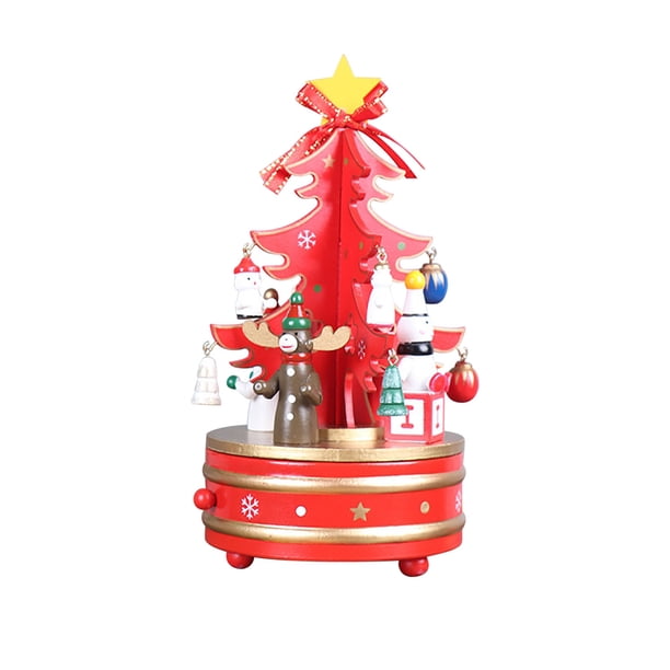 Adornos NavideñOs Caja de MúSica Giratoria de Madera de Navidad Forma de áRbol de Navidad DecoracióN de Fiesta en Casa Adorno Rojo