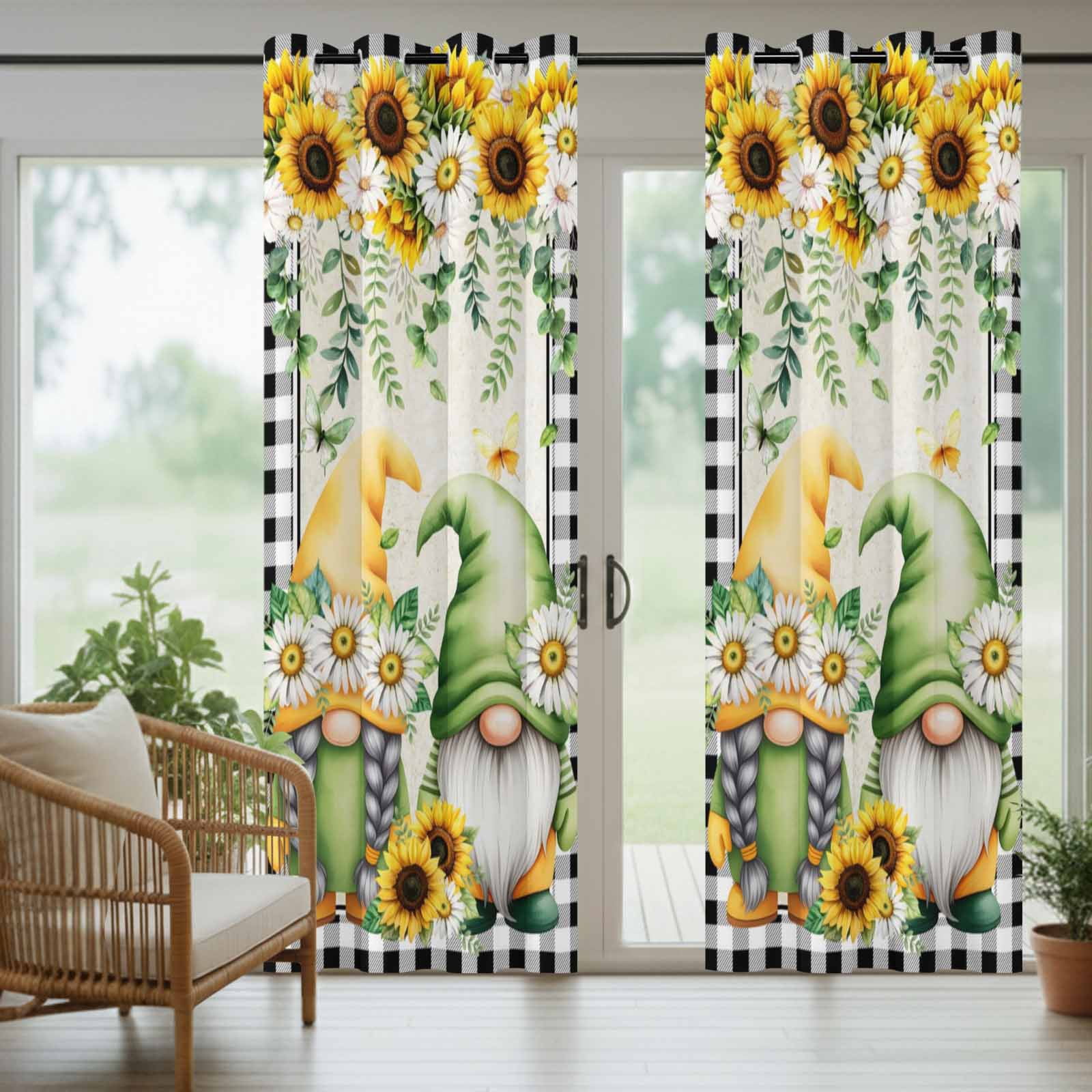 1 Panel Outdoor Curtains for Patio Waterproof 54"x95" Sunflower Gnomes Weatherproof Privacy Outsides Curtains, Spring Farmhouse Vintage Daisy Leaf Plaid Grommet Thermal Drapes for Cabana Porch