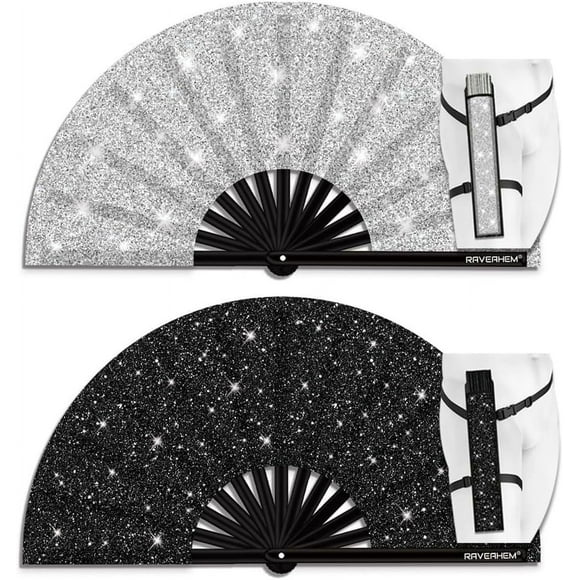 Raveahem 2 Pack Glitter Large Rave Folding Clack Hand Fan with Holster for Men/Women Handheld Fan for EDM,Festival,Club,Party,Dance (Silver+Black)