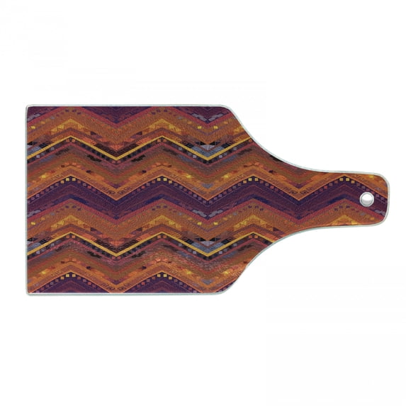 Tribal Cutting Board, Native Ornament with Zig Zag Motif Peruvian Mexican Ethnicity Traditional Design, Tempered Glass Cutting and Serving Board, Wine Bottle Shape, Multicolor, by Ambesonne