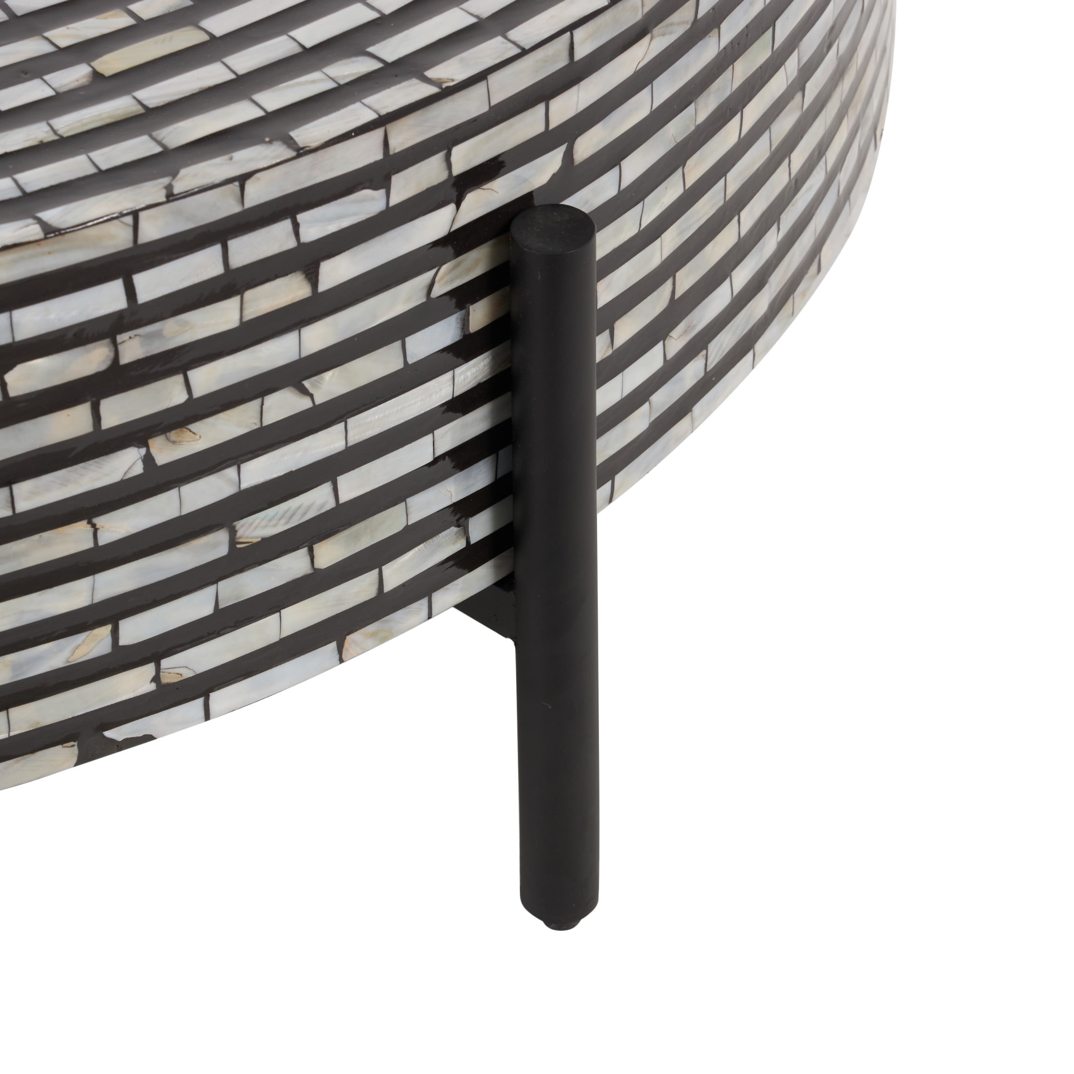 DecMode 38" x 12" Gray Mother of Pearl Shell Handmade Mosaic Inlay Geometric Coffee Table with Black Metal Legs, 1-Piece