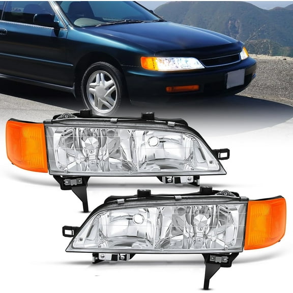 Nilight Headlight Assembly Compatible with 1994 1995 1996 1997 Honda Accord Chrome Housing Amber Reflector Clear Lens Headlights Assembly Replacement Driver and Passenger Side 2 Years Warranty