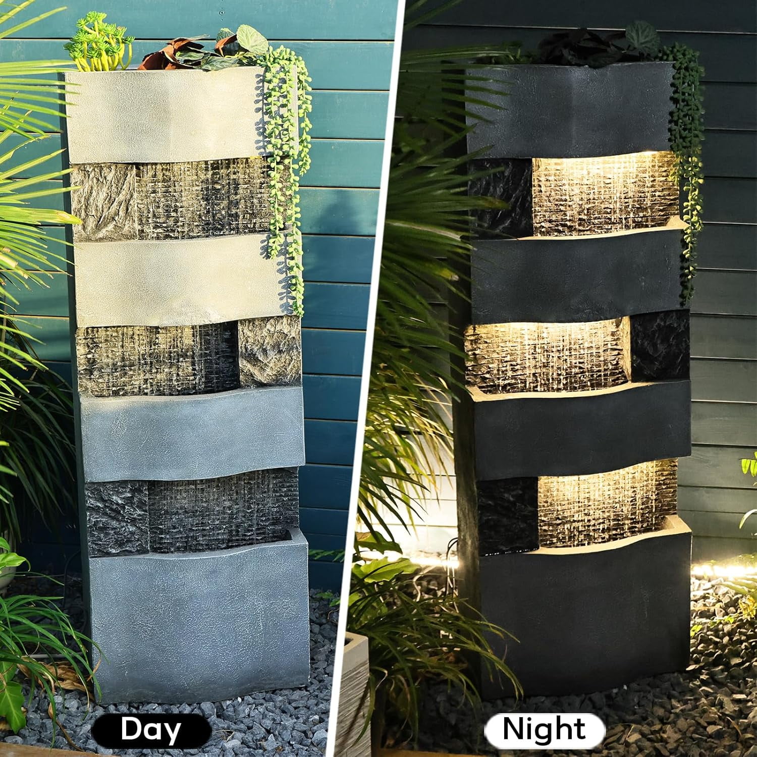 40.5''H 4-Tier Outdoor Water Fountain with LED Lights, Floor Standing Waterfall for Garden Patio & Home Art Decor